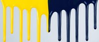 Yellow and navy blue paint dripping down white surface creating colorful liquid streams for modern design projects and creative backgrounds.