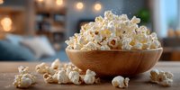 Fresh popped popcorn in wooden bowl on kitchen counter with warm bokeh lights creating cozy home atmosphere for movie night snacking.