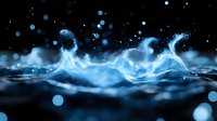 Glowing blue water splash with magical particles and bokeh effect on dark background, dynamic liquid motion creating abstract wave pattern for design projects.