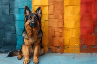 German Shepherd dog sitting against vibrant multicolored wall background featuring blue, yellow and red tones, creating striking urban pet portrait composition.