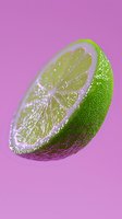 Fresh cut lime half with water drops on vibrant pink background, macro shot showing detailed pulp and rind texture. Minimalist food photography composition.