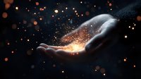 Magical glowing sparkles and light particles floating above an open palm against dark background, creating mystical atmosphere and sense of wonder.