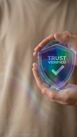 Hand holding transparent holographic shield with trust verified text and checkmark symbol, representing security, authentication, and digital protection for business concepts.