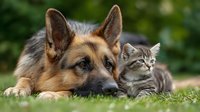 German Shepherd dog and tabby kitten lying together on green grass, showcasing friendship between different animal species in natural outdoor setting.