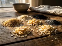 Assorted organic grains and seeds scattered on rustic wooden table with bowl and linen cloth for healthy cooking and nutrition concepts.