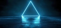 Glowing blue neon triangle floating above reflective dark water surface creating futuristic sci-fi atmosphere with dramatic lighting and mirror effect.