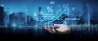 Business analytics and data visualization concept with percentage symbols and trending arrows floating above open palm against blurred city skyline background.