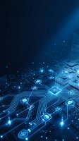 Abstract blue digital technology background with glowing circuit board patterns, network connections and futuristic data visualization elements for tech concepts.