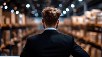 Professional businessman in dark suit standing in modern warehouse facility with blurred industrial shelving and warm lighting in background.
