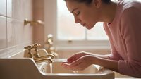 Young woman of mixed ethnicity washing hands at bathroom sink with brass faucet and white subway tile, promoting hygiene and wellness routines for health-conscious audiences.