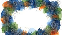 Colorful watercolor frame with blue green orange paint splashes and decorative line art elements creating border for text or design projects.