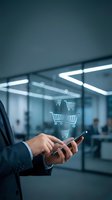 Businessman using smartphone with shopping cart icons floating above screen in modern office environment for mobile commerce and online shopping.