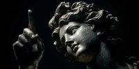 Classical marble statue with curly hair pointing upward against dark background for artistic and educational projects.