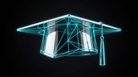 Wireframe graduation cap with glowing cyan neon lines and glass elements on black background, representing education, learning, and digital knowledge for academic design projects.