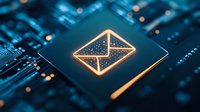 Glowing email icon on computer chip, symbolizing digital communication technology in blue and orange tones for business and tech concepts.