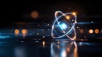 Glowing atomic structure with orbiting electrons on reflective surface amid bokeh lights and blue energy streams. Scientific concept for quantum physics and research.