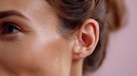 Close-up of woman's ear and side profile against soft pink background, showcasing natural skin texture and facial features for beauty or healthcare concept.