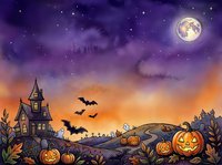 Haunted house with glowing jack-o-lanterns, flying bats, and full moon in starry night sky. Spooky autumn scene for seasonal designs and decorations.