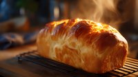 Fresh baked brioche bread loaf with steam rising, golden brown crust on cooling rack against dark background, soft natural lighting creates warm atmosphere.