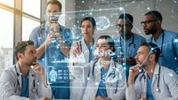 Diverse medical team collaborating with futuristic holographic technology interface displaying brain scans and digital health data in modern hospital.