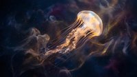 Luminous jellyfish floating gracefully through dark cosmic waters with flowing tentacles and ethereal glow against starry nebula background for marine life designs.