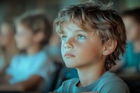 Young boy with wavy blonde hair gazing upward with wonder and curiosity against blurred background in cinematic blue tones, capturing pure childhood fascination.