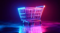 Glowing neon shopping cart in blue and pink gradient lighting on reflective surface against dark background, modern retail concept for e-commerce design.