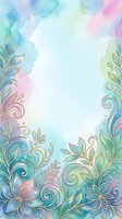 Watercolor floral border frame with pastel blue, green and pink tones, gold outline swirls and leaves, copy space for text or design.