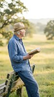 Senior Caucasian man in straw hat reading book outdoors leaning against wooden fence in countryside during golden hour sunset light.