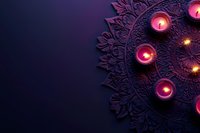 Glowing pink diya lamps arranged on decorative mandala pattern against dark background, celebrating traditional Diwali festival with spiritual ambiance.