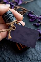 Essential oil bottle with blank black label and twine bow, held against dark stone surface with purple flower petals, macro photography for wellness products.