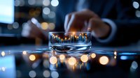 Professional businessman analyzing financial data charts on digital tablet screen with warm bokeh lights creating modern technology atmosphere for investment decisions.