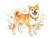 Shiba Inu dog with happy expression standing in profile on white background, surrounded by decorative floral and geometric elements in warm tones.