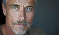 Close up portrait of mature Caucasian man with gray hair, blue eyes and mustache looking at camera with confident expression against dark background.