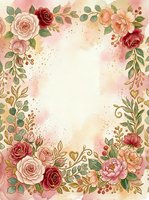 Vintage floral frame with roses, peonies, and botanical elements in soft pink, cream, and gold tones. Ornate decorative border with watercolor splashes and gold accents surrounding blank center space. Suitable for wedding invitations, greeting cards, stationery design, and decorative backgrounds.