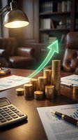 Golden coins stacked with glowing green arrow showing financial growth on office desk with calculator and reports for business success concepts.