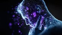 Glowing silhouette of person with purple particles and light effects on black background, digital art concept showing inner energy and consciousness.