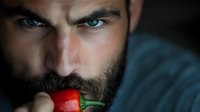 Close up portrait of bearded man with intense blue eyes biting red chili pepper against dark background, dramatic lighting emphasizes mysterious and provocative mood.