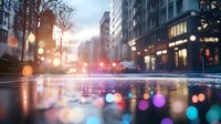 Rainy urban evening street with colorful bokeh reflections on wet asphalt. City lights and trees create atmospheric mood during golden hour sunset.