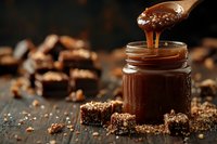 Rich chocolate spread dripping from wooden spoon into glass jar surrounded by cocoa powder and chocolate pieces on dark surface for culinary projects.