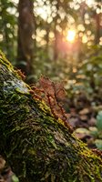 Autumn oak leaves resting on moss-covered tree bark with golden sunlight filtering through forest creating warm bokeh background for seasonal nature designs.