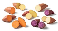 Assorted sweet potatoes and yams with orange, yellow, and purple varieties displayed whole and sliced, showing fresh produce for cooking and nutrition.