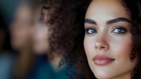 Young woman with natural curly hair and striking blue eyes gazes confidently at camera, showcasing modern beauty and natural makeup in soft lighting.