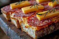 Gourmet open-faced sandwiches with salami and cheese topped with herbs on rustic bread, appetizer platter ready for entertaining and culinary presentations.