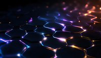 Glowing hexagonal grid pattern with neon blue, purple and orange light effects on dark background, abstract technology concept for science presentations.