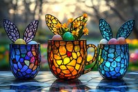 Colorful stained glass mosaic mugs with butterfly decorations glowing in sunlight, filled with Easter eggs creating magical spring atmosphere on garden table.
