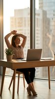 Young businesswoman stretching at desk in modern office with city view. Professional taking break from laptop work during productive workday.