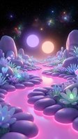 Fantasy alien landscape with glowing purple plants and cosmic sky featuring multiple suns and stars for sci-fi gaming and digital art projects.
