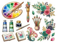 Artist palette with colorful paints, brushes, and floral botanical elements. Watercolor supplies and art materials for creative painting projects and design work.