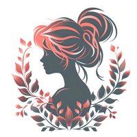 Female profile silhouette with messy bun hairstyle surrounded by coral and gray floral wreath elements on white background, isolated design for decoration.
